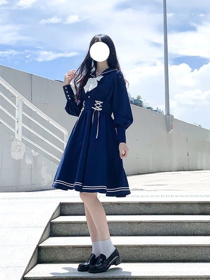 White and Navy Sailor-Neck School Style Dress LAL0003