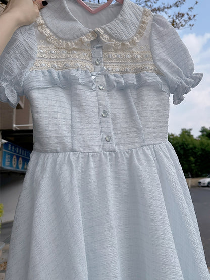 Sweet Light Blue Puff Sleeve Dress LAL0014