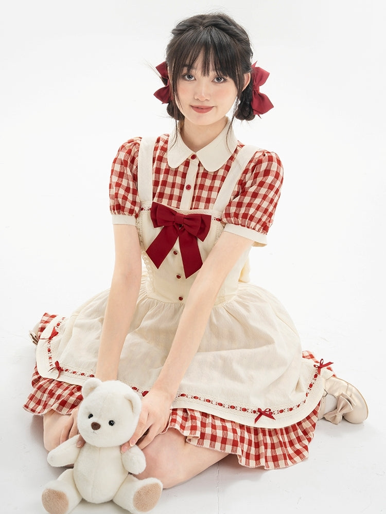 Red Checkered Apron Summer Dress LAL0011