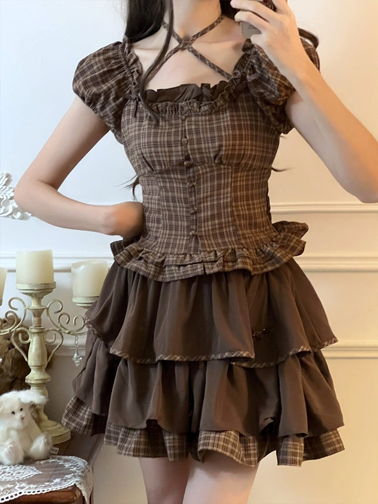 Brown Checkered Puff Sleeve Two-Piece Set LAL0077