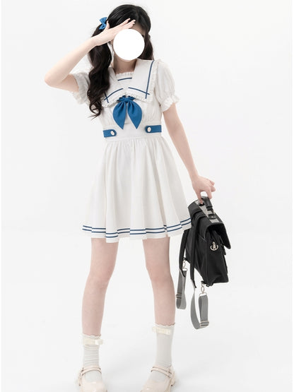 College Style White and Blue Sailor-Neck Mini Dress LAL0004