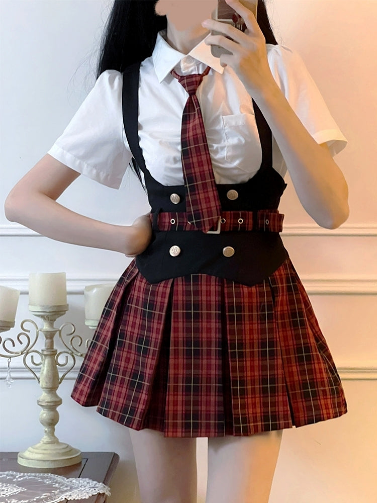 Red Check Skirt Student Style Two-Piece Set LAL0083