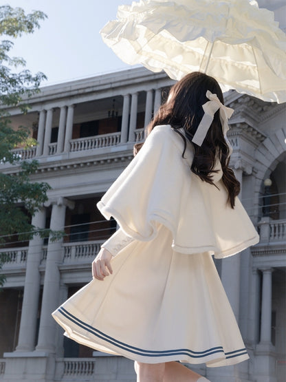 Cape-Accented College Style White Dress LAL0027