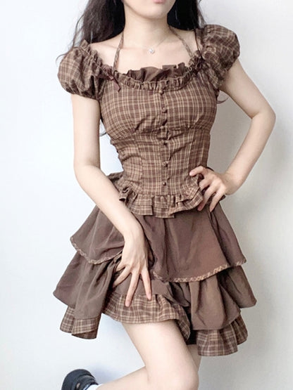 Brown Checkered Puff Sleeve Two-Piece Set LAL0077