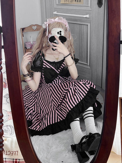 Pink and Black Striped Asymmetrical Dress LAL0047