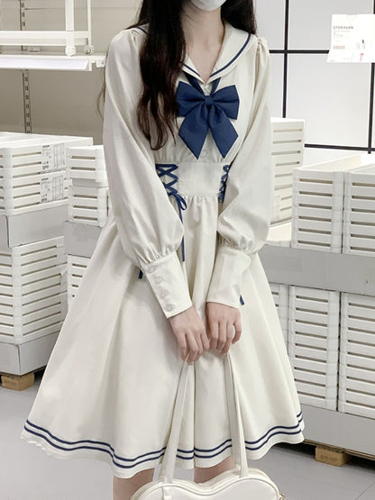 White and Navy Sailor-Neck School Style Dress LAL0003