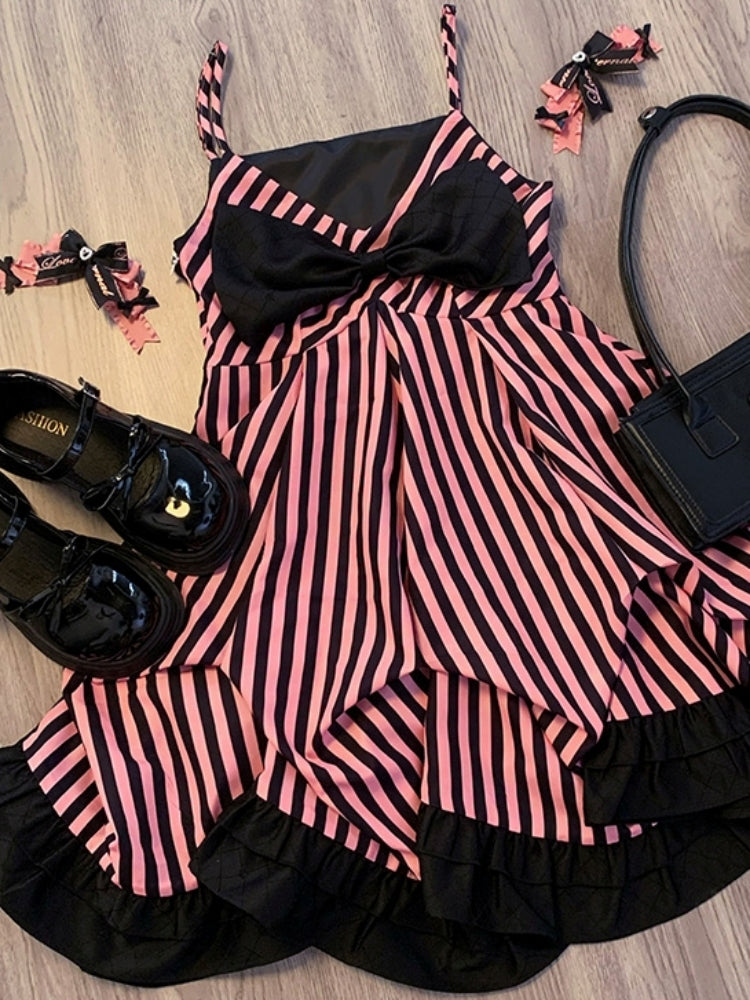 Pink and Black Striped Asymmetrical Dress LAL0047