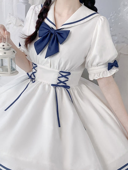 White and Navy Sailor-Neck School Style Dress LAL0003