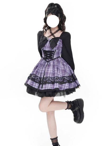 Black and Purple Checkered Lace Ribbon Mini Dress LAL0008