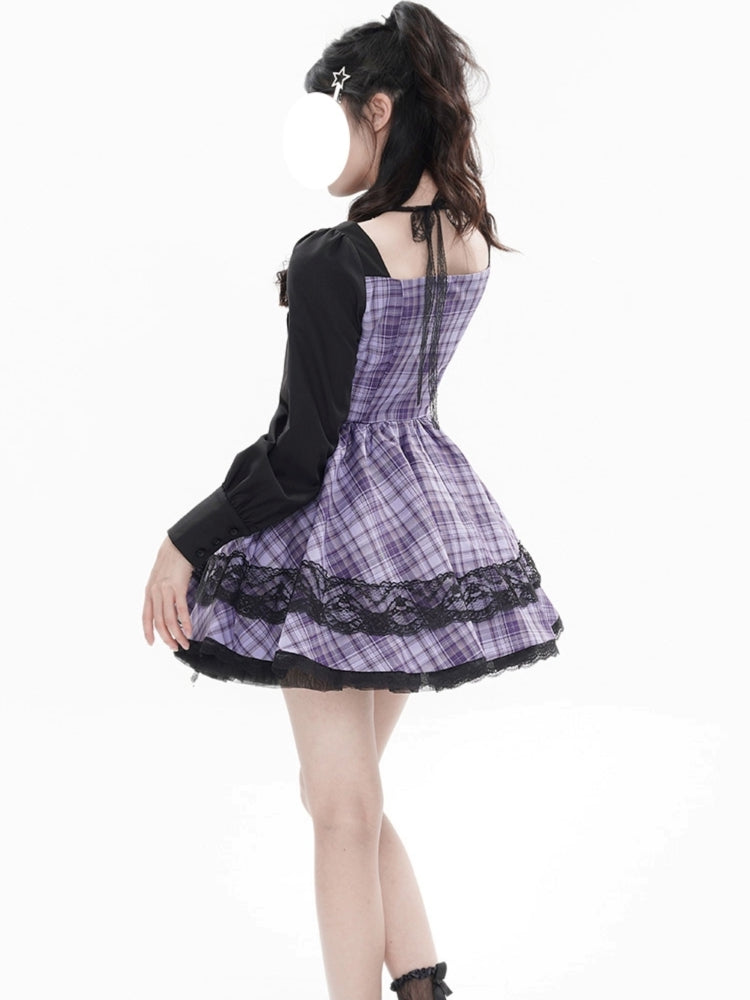 Black and Purple Checkered Lace Ribbon Mini Dress LAL0008