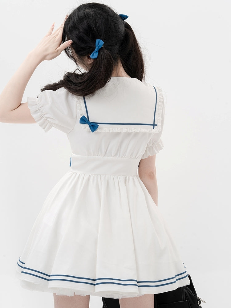 College Style White and Blue Sailor-Neck Mini Dress LAL0004