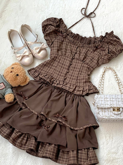 Brown Checkered Puff Sleeve Two-Piece Set LAL0077