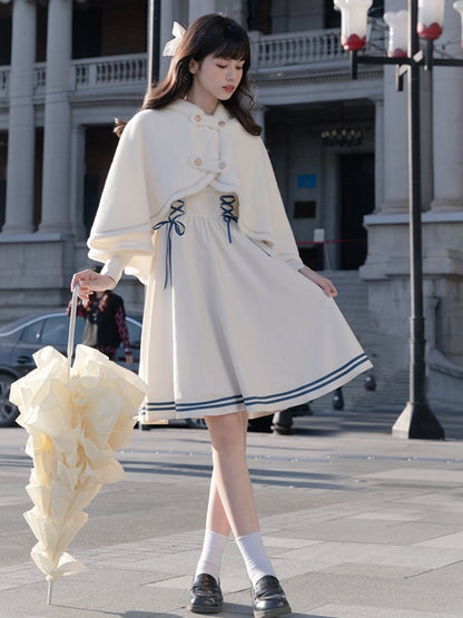 Cape-Accented College Style White Dress LAL0027