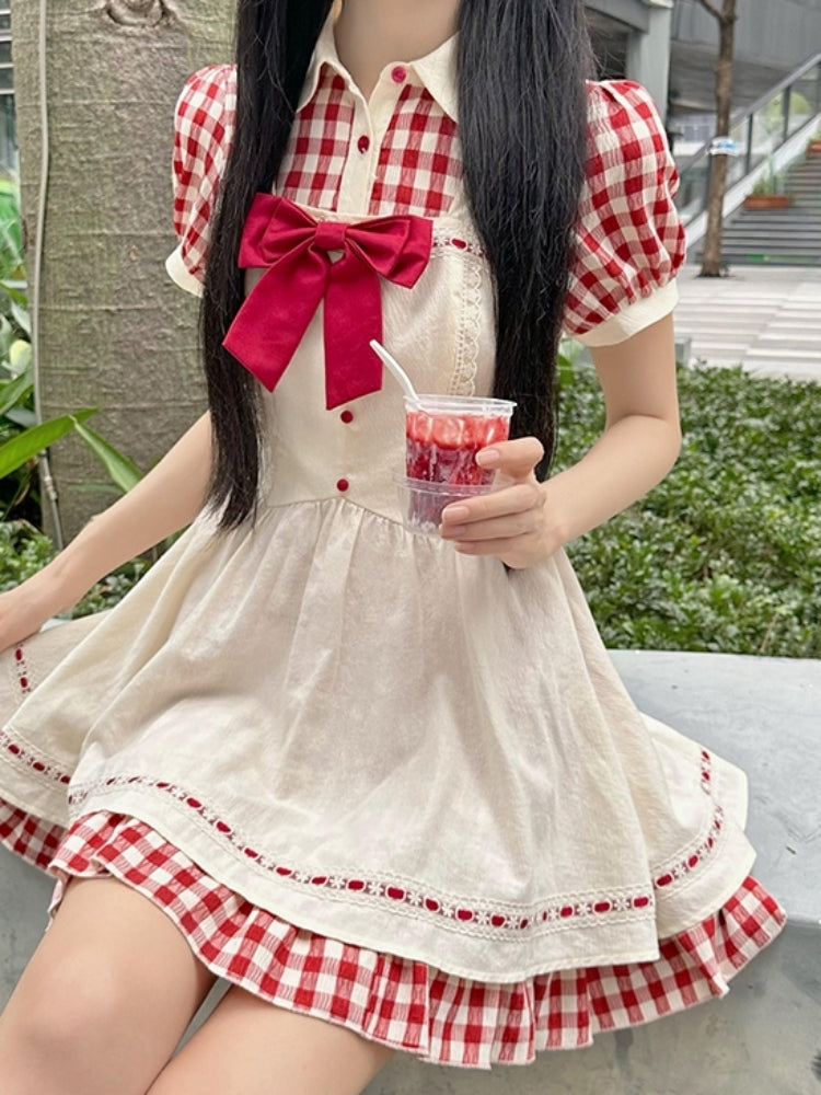 Red Checkered Apron Summer Dress LAL0011