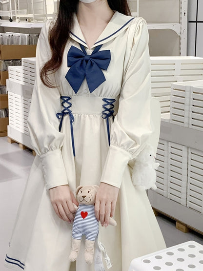 White and Navy Sailor-Neck School Style Dress LAL0003