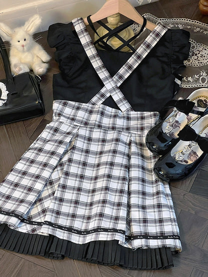 Black and White Check Suspender Skirt Two-Piece LAL0050