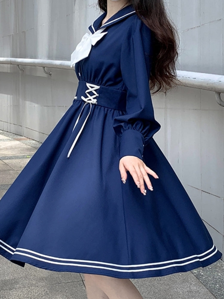 White and Navy Sailor-Neck School Style Dress LAL0003