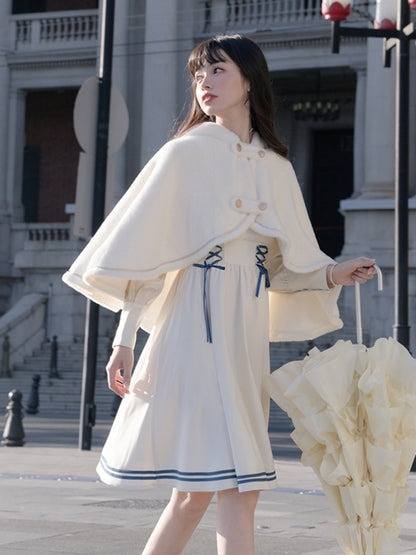 Cape-Accented College Style White Dress LAL0027