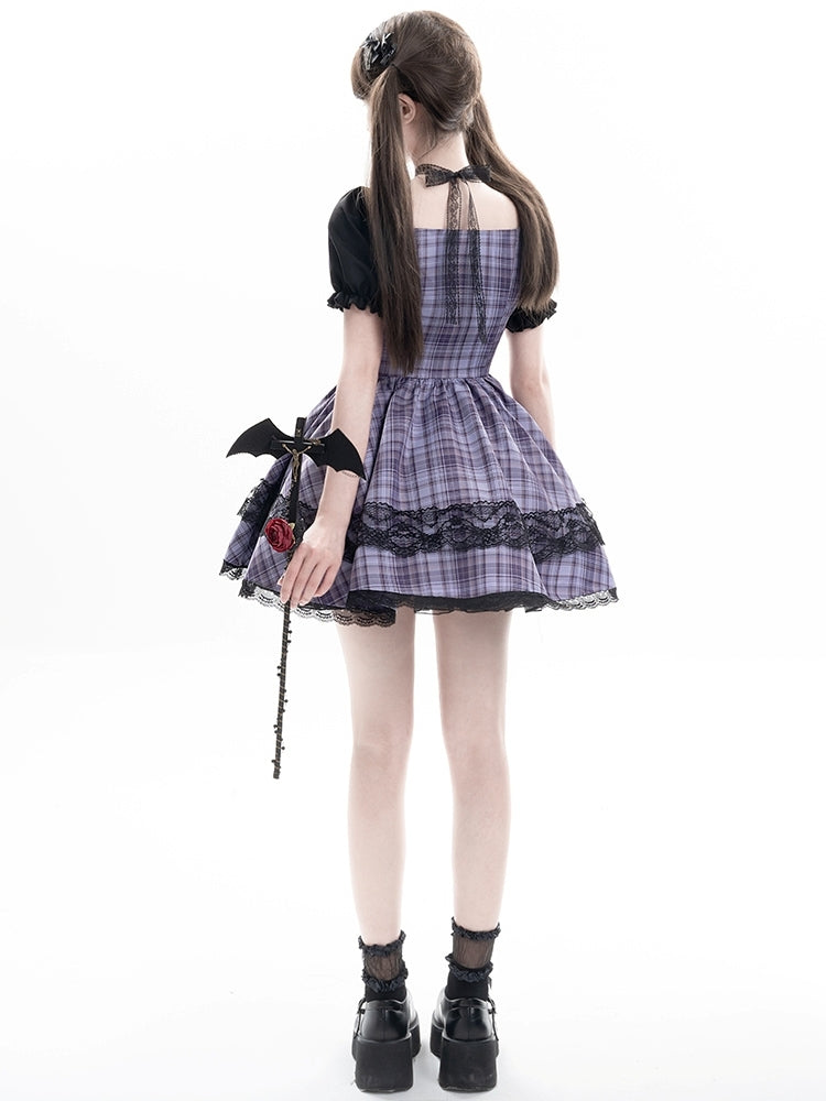 Black and Purple Checkered Lace Ribbon Mini Dress LAL0008