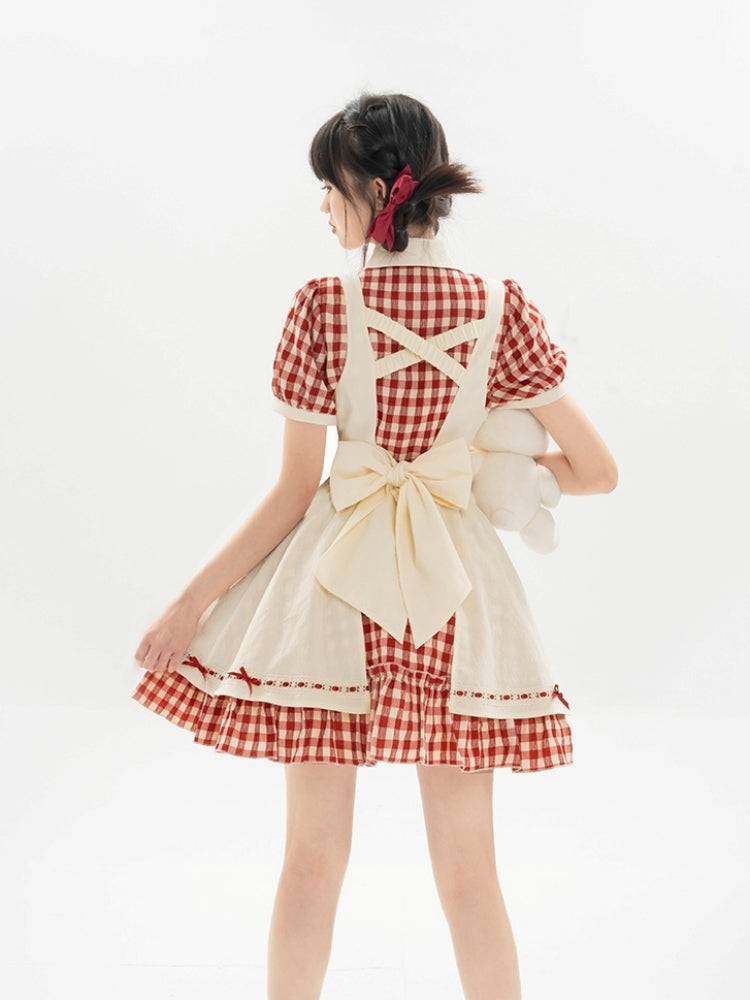 Red Checkered Apron Summer Dress LAL0011