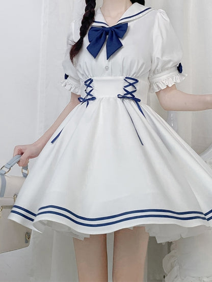 White and Navy Sailor-Neck School Style Dress LAL0003