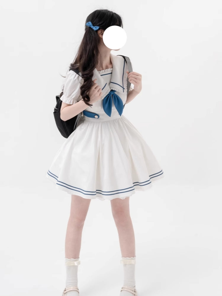 College Style White and Blue Sailor-Neck Mini Dress LAL0004