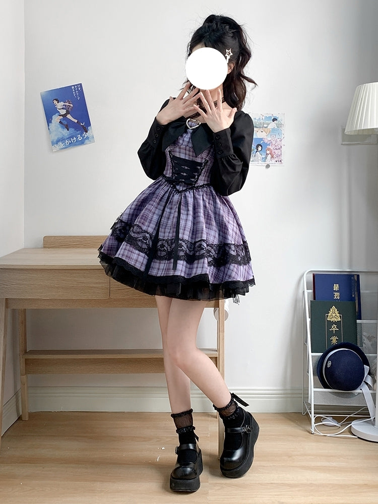 Black and Purple Checkered Lace Ribbon Mini Dress LAL0008