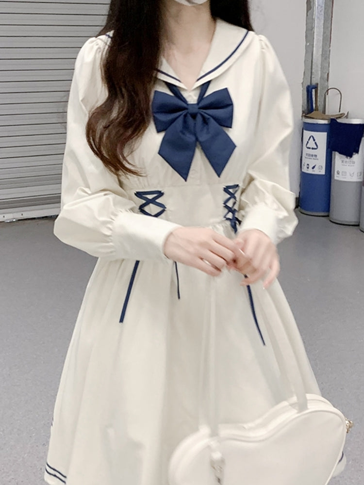 White and Navy Sailor-Neck School Style Dress LAL0003