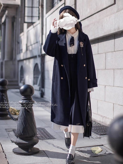 Navy Wool Double-Breasted College Coat HUT0160