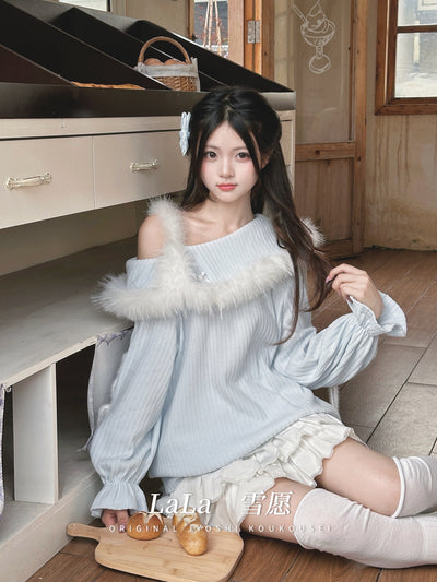 Off Shoulder Fuzzy Trim Knit Sweater LAL0158