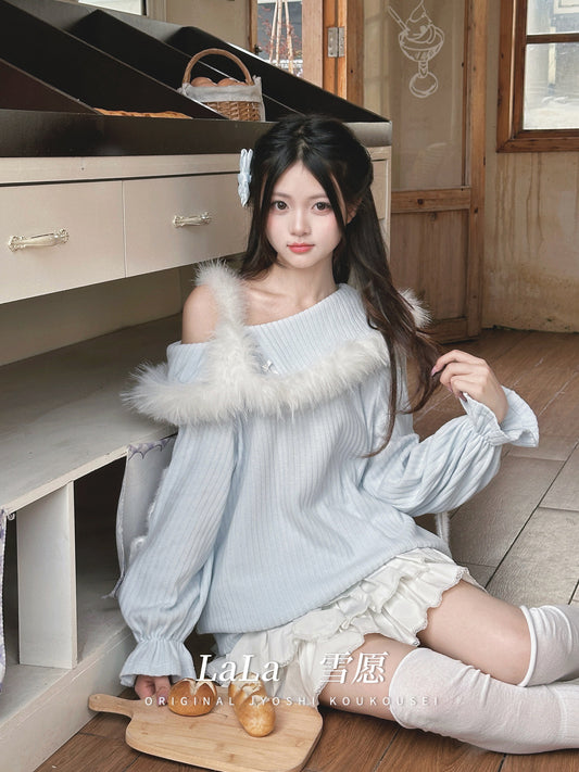 Off Shoulder Fuzzy Trim Knit Sweater LAL0158