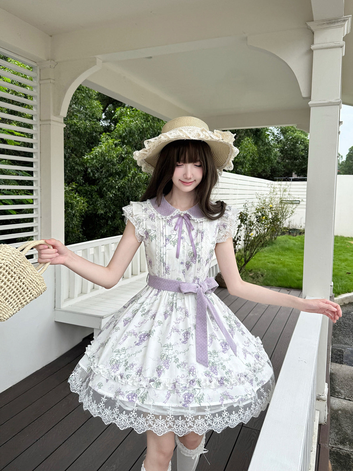 Grape Floral Doll Collar Lace Hem Dress LAL0228