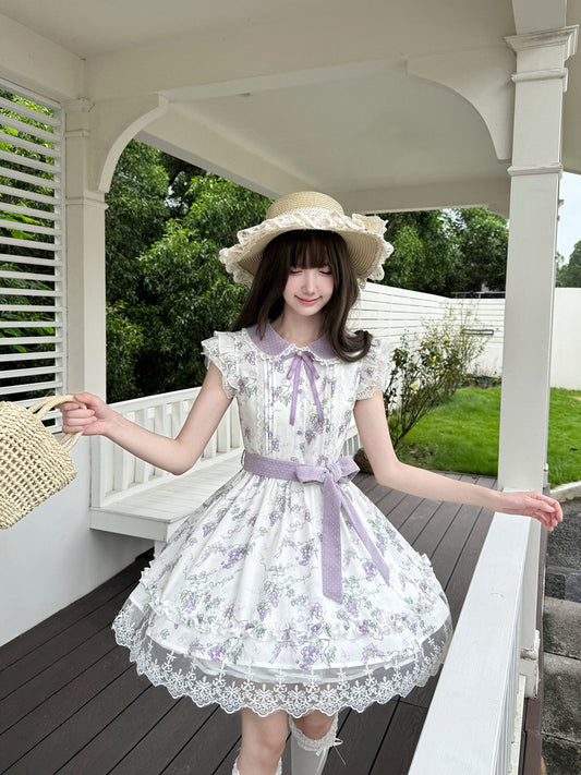 Grape Floral Doll Collar Lace Hem Dress LAL0228
