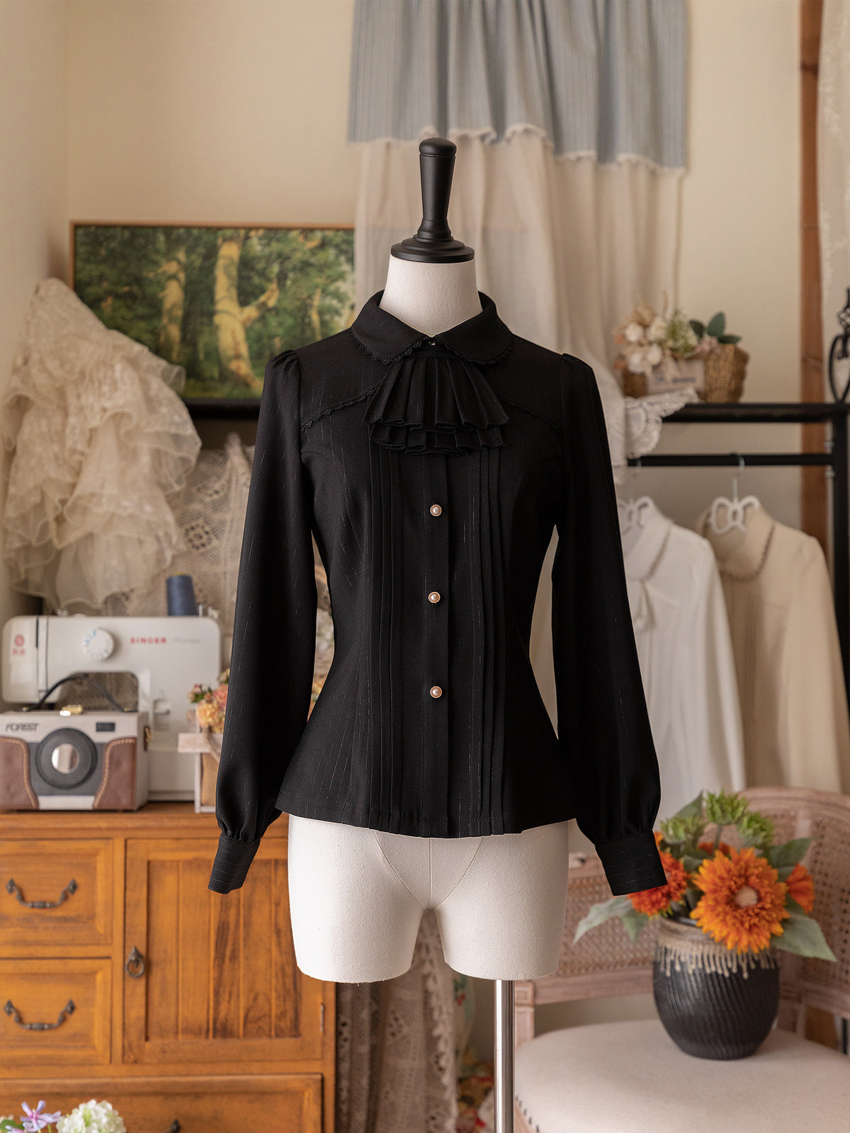 Vintage Ribbon Collar Pintuck Blouse FOR0065