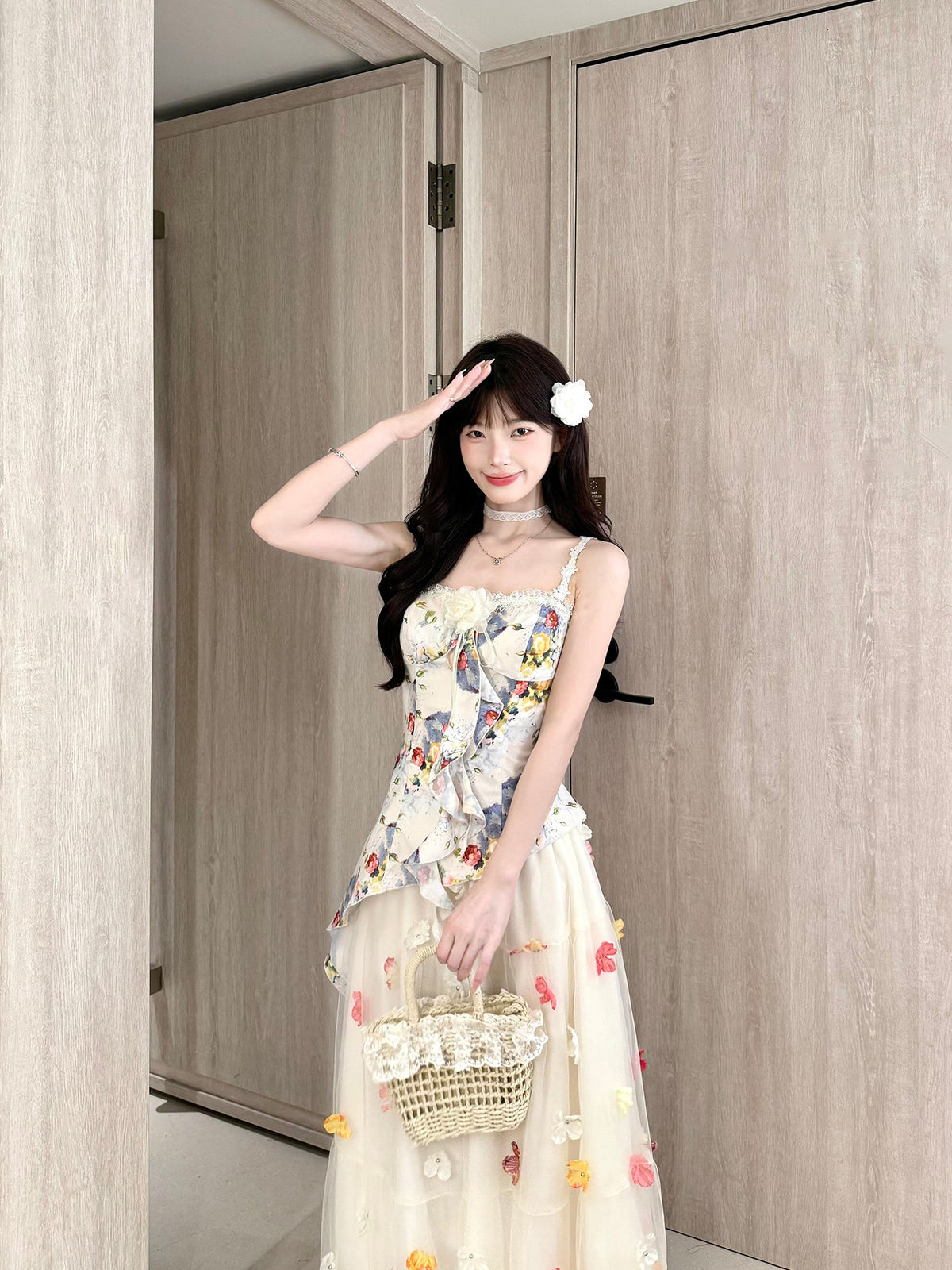 Floral Strap Top Mesh Skirt Set BEL0036