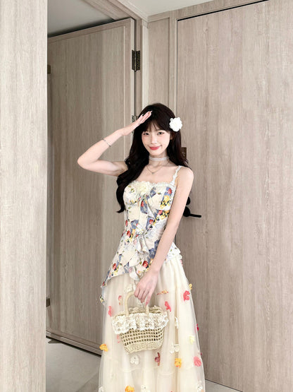 Floral Strap Top Mesh Skirt Set BEL0036