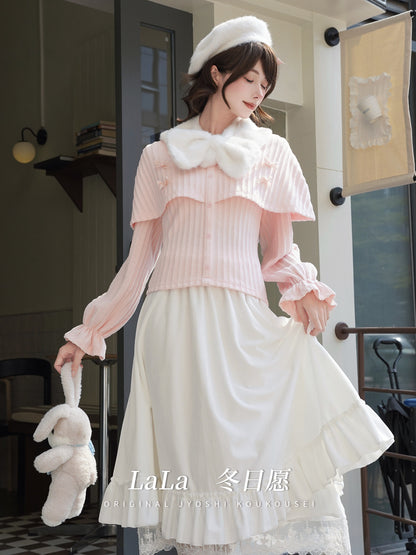 Fur Collar Striped Knit Top With Tiered Skirt LAL0163