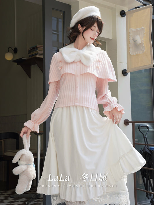 Fur Collar Striped Knit Top With Tiered Skirt LAL0163