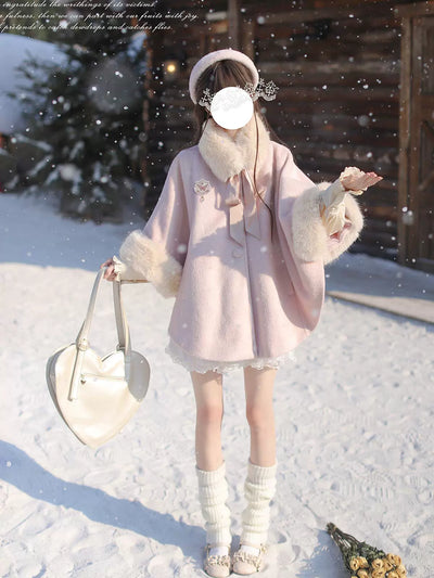 Fluffy Fur Pink Wool Cape Coat HUT0130