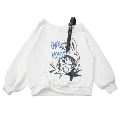 Cutout Shoulder Print Sweatshirt With Plaid Trim PIN0042