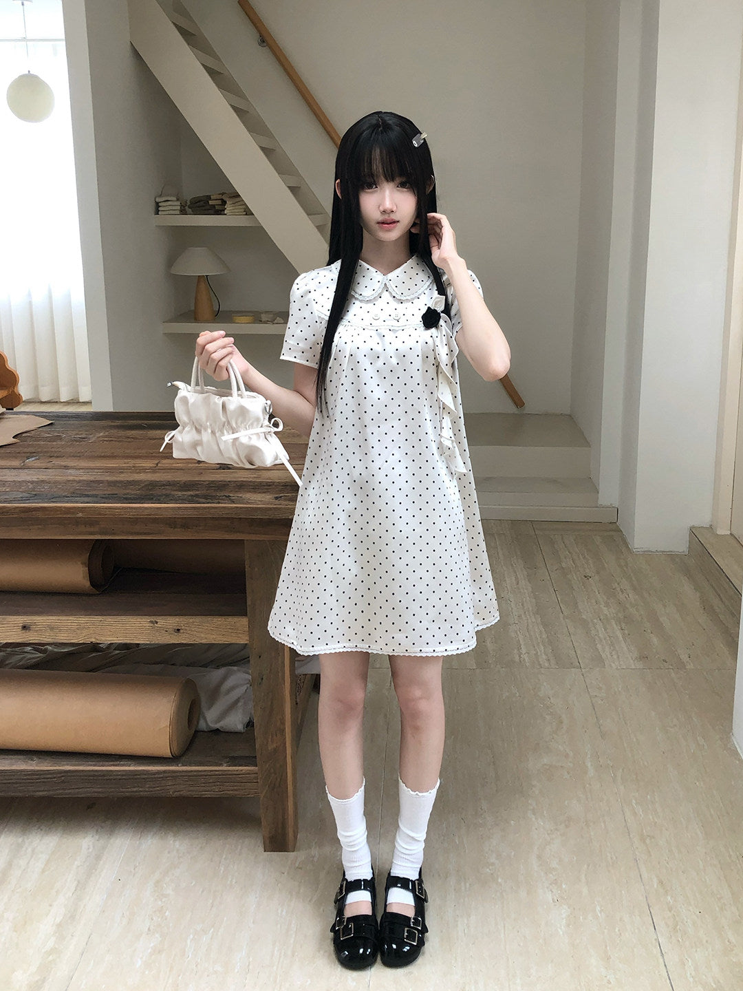 Polka Dot Doll Collar Puff Sleeve Dress LAL0232
