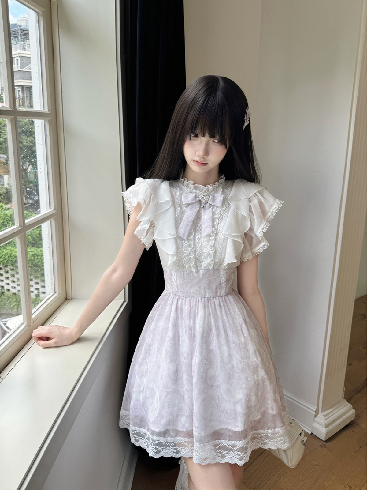 Lace Ruffle Collar Flutter Sleeve Dress LAL0227