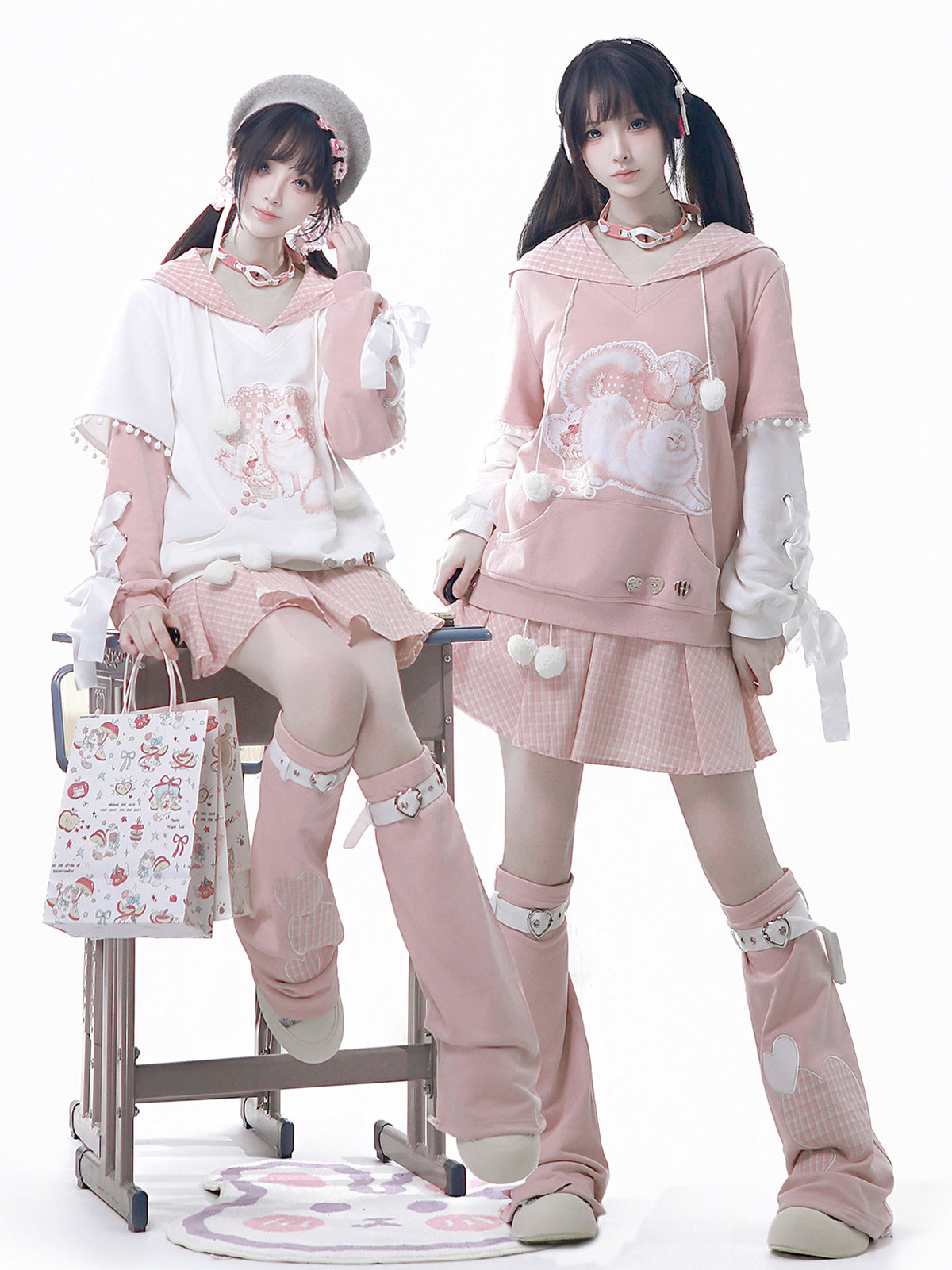Heart Bow Cat Print Hoodie With Pleated Skirt YOU0315