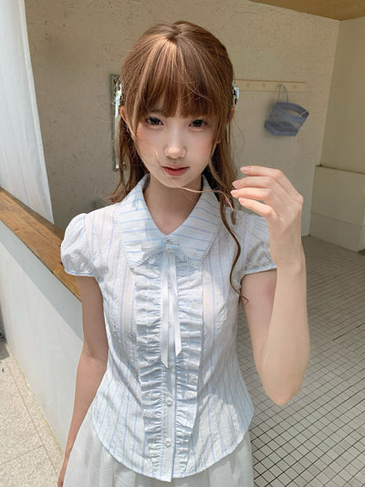Striped Doll Collar Puff Sleeve Blouse LAL0204