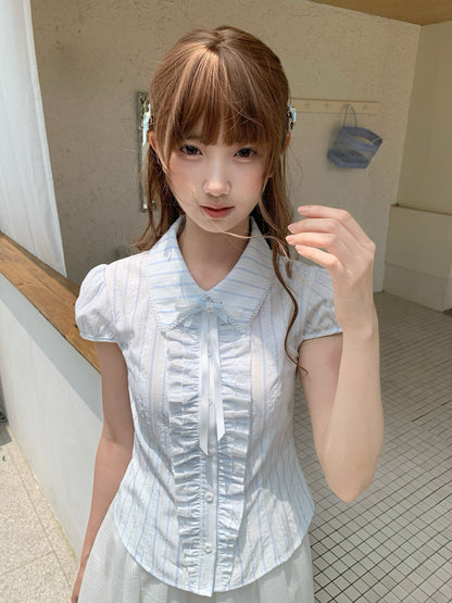 Striped Doll Collar Puff Sleeve Blouse LAL0204