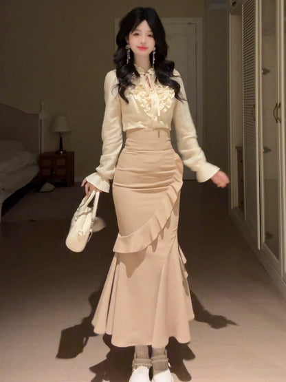 Ruffle Collar Blouse High Waist Mermaid Skirt Set BEL0023