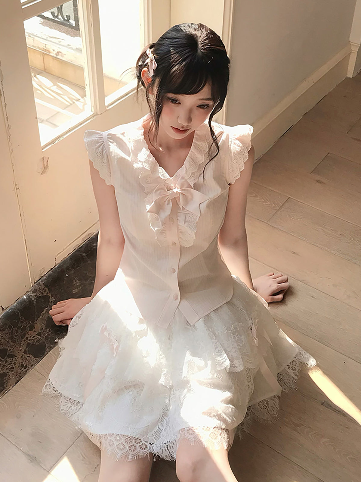 Apricot Pleated Bow Collar Blouse LAL0174