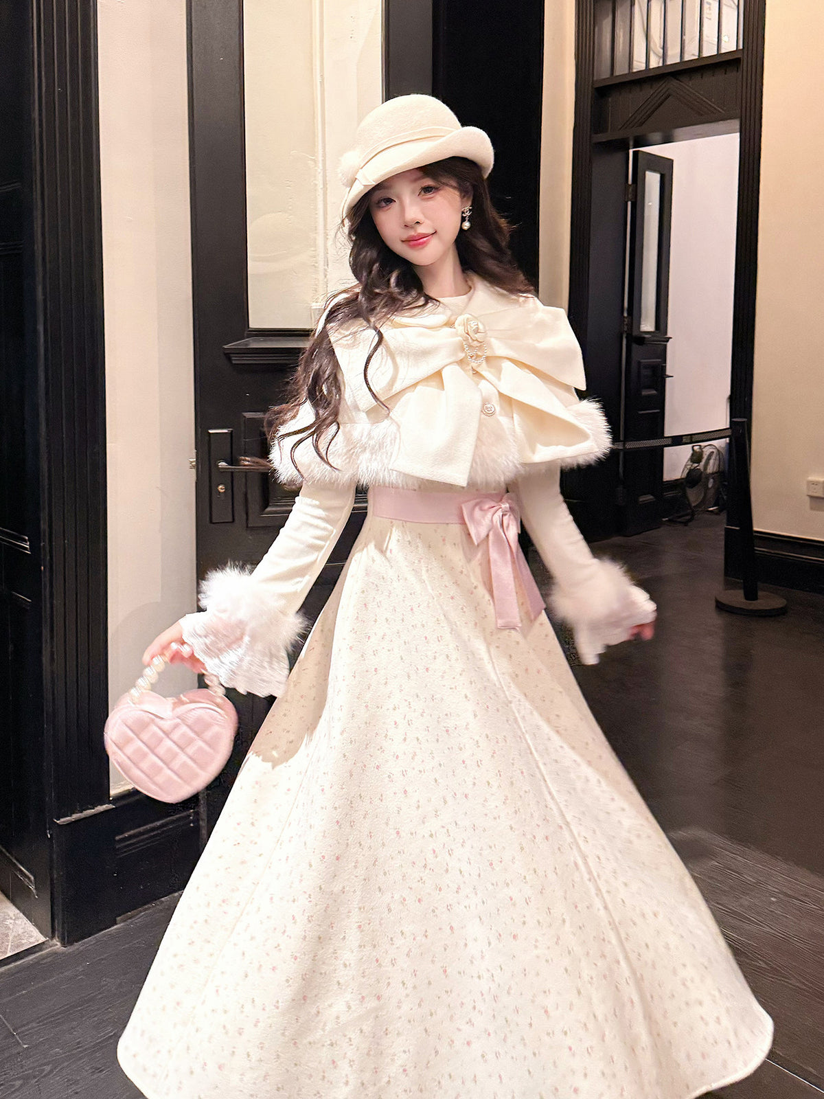 Sweet Bow Fur-Trim Cape Dress Set BEL0024