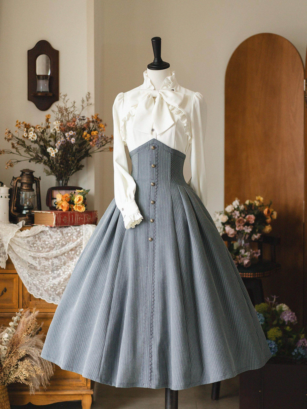 Vintage Pinstripe Button-Front Midi Skirt FOR0071
