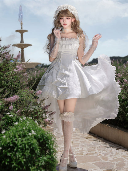 White Lace Ruffle Bow High-Low Train Dress YOU0278